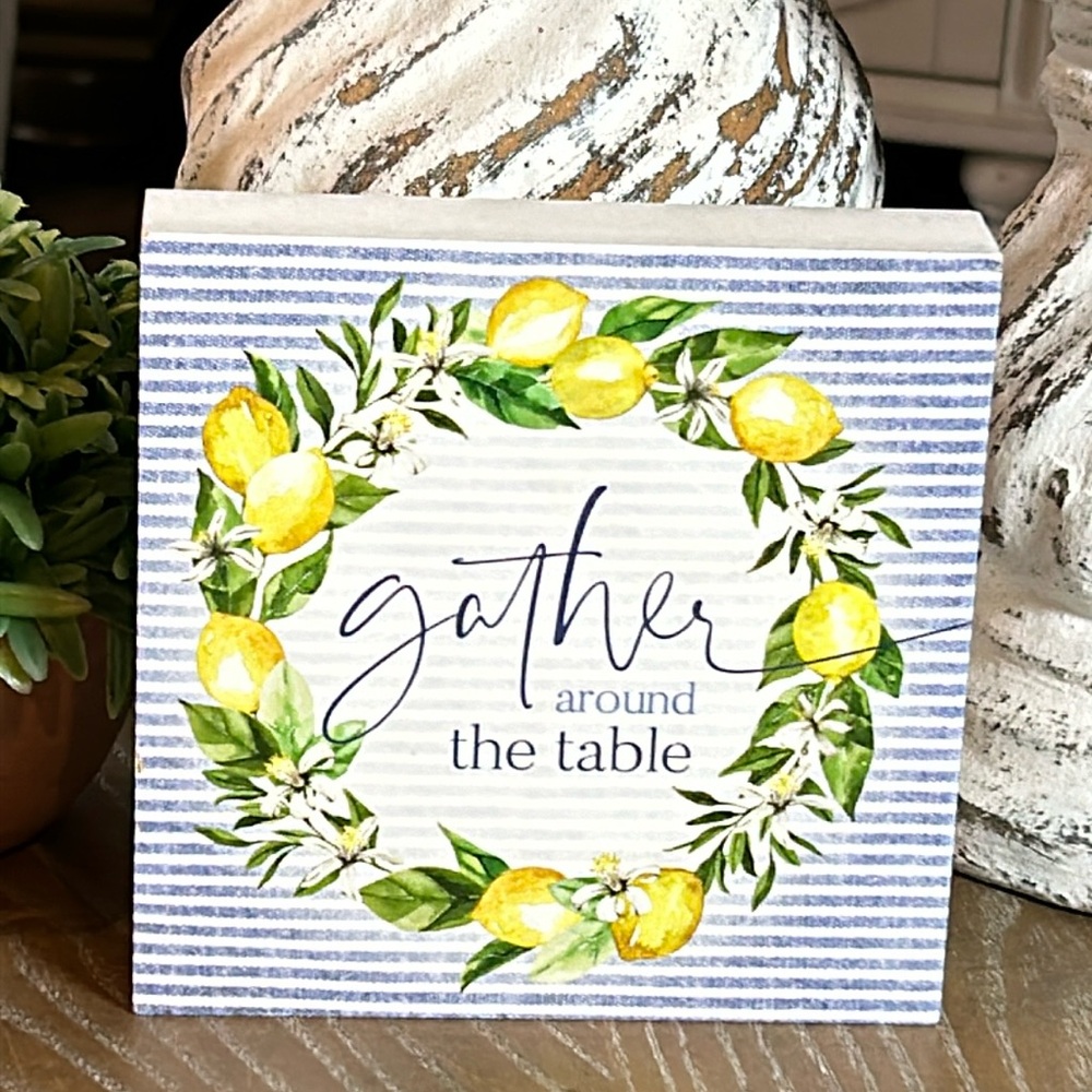 NEW! Shabby Chic Farmhouse Lemon Wreath Gather Around the Table Wood Sign